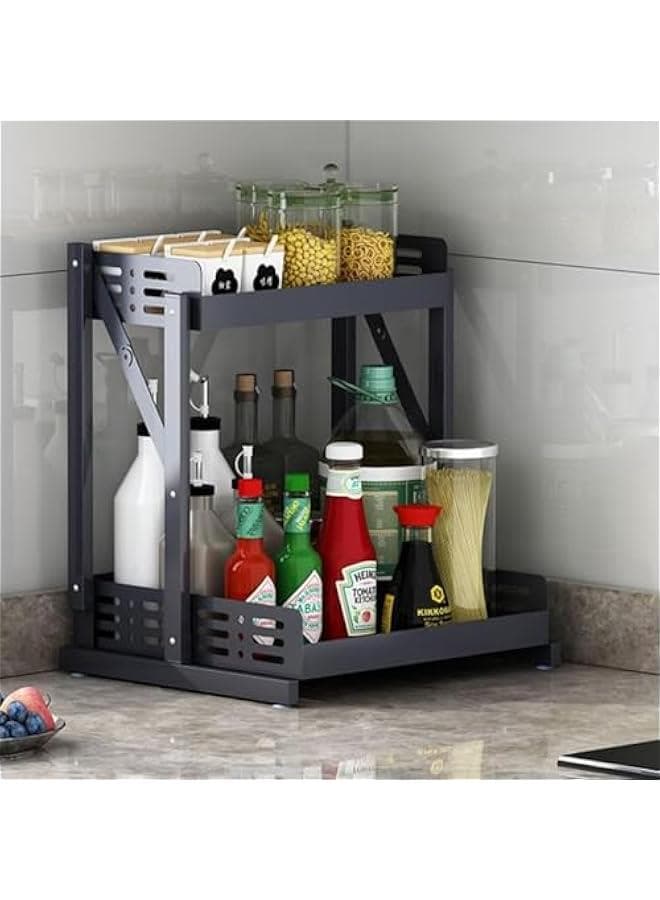 2 Layer Pull Out Spice Rack Organizer For Countertop and Cabinet,Standing Shelf Jars Storage Holder, Foldable Seasoning Shelf Organizer for Kitchen Storage (Black)