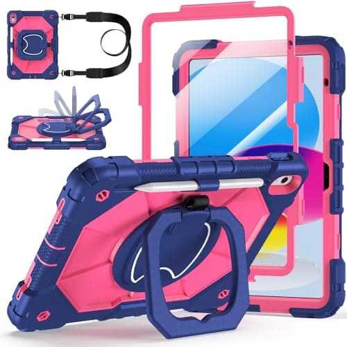 Case for iPad A16 11th Generation 11 Inch 2025 Auorld for iPad 10th Generation 109 inch 2022 case with Screen Protector 360 Degree Rotating Stand Shoulder Strap Pencil Holder Navy Pink