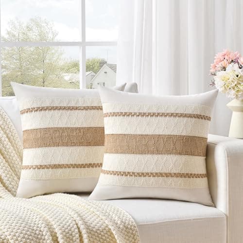Fancy Homi Set of 2 Boho Neutral Decorative Throw Pillow Cover 16x16 Inch for Couch Bed Sofa Aesthetic Modern Organic Farmhouse Home Decor Soft Cotton Cute Accent Macrame Woven Tan Cushion Case