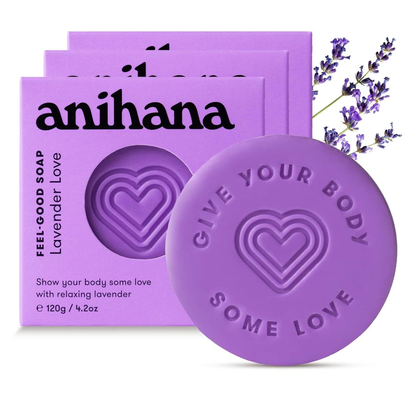 ANIHANA FeelGood Soap 3 Pack with Coconut Oil and Shea Butter Gentle Cleansing Paraben Free Cruelty Free Refreshing Lavender Love Scent 42 oz each