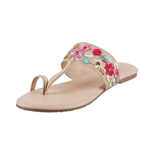 Metro Women's Beige Flat Floral Embellished Fashion Kolhapuri Chappal Sandals UK/4 EU/37 (32-1703)