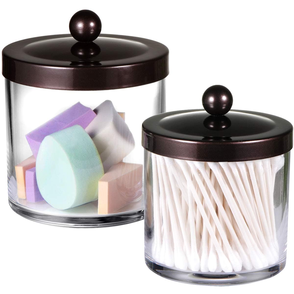 Premium Quality Plastic Apothecary Jars Qtip Holder Bathroom Vanity Countertop Storage Organizer Canister Clear Acrylic for Cotton SwabsRounds BallsMakeup SpongesBath Salts 2 Pack bronze
