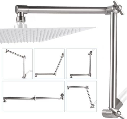 GPromise 16 Inch Shower Head Extension Arm Solid Brass Height Angle Adjustable Extender Rise or Lower Rainfall and Fixed Shower Head Brushed Nickel