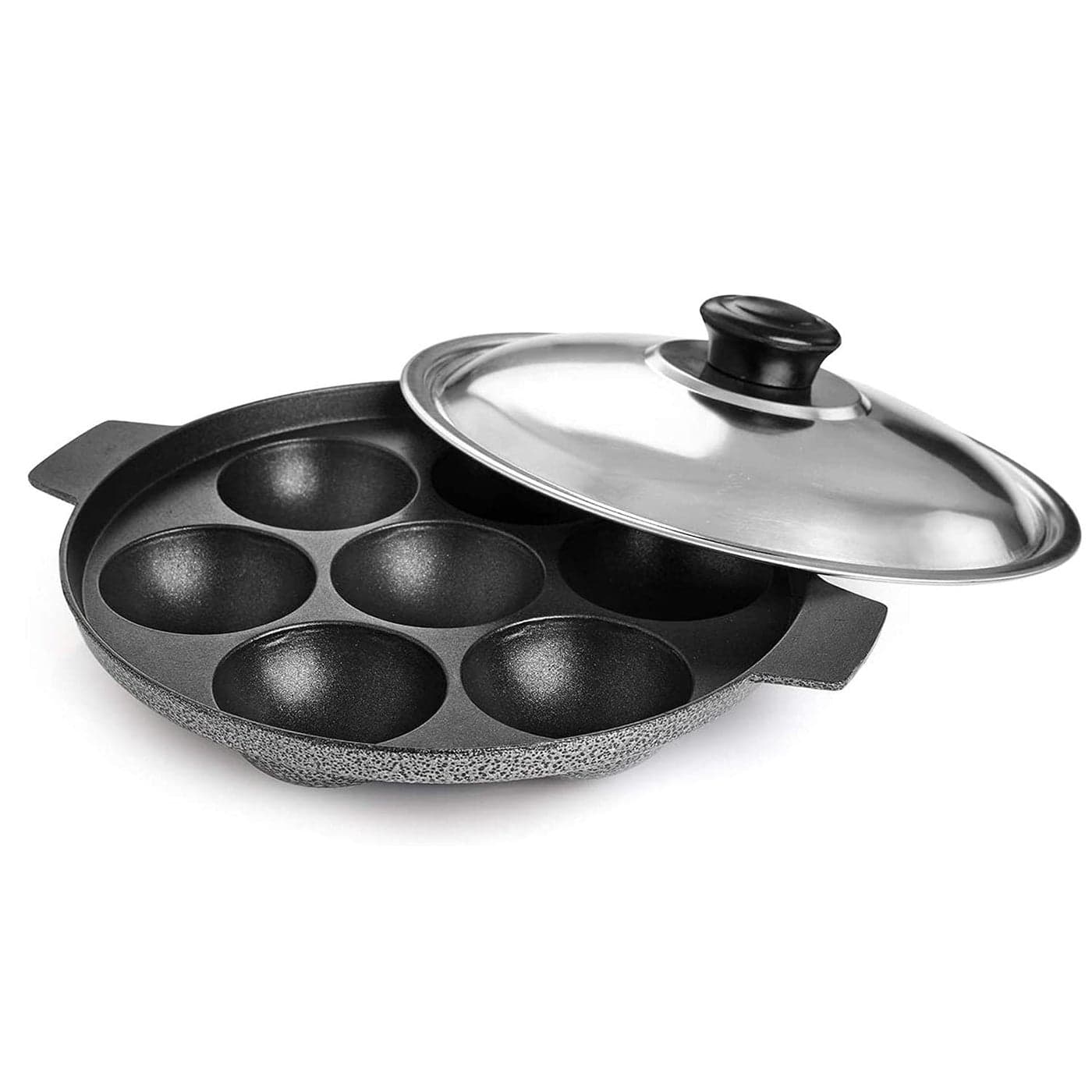 DBY Appam Patra Paniyaral NonStick Paniyaram Paniyarakkal Aebleskiver Pan with Stainless Steel Lid 7 Balls