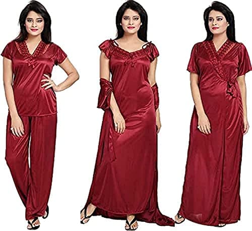 Fabme Women's Satin Solid Nighty Maroon