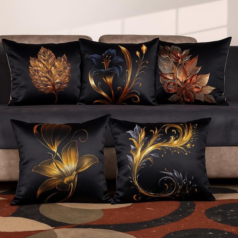 Vendola 3D Decorative Satin Sofa Cushion Covers Set of 5, 16 inch x 16 inch, Sofa Cushion Pillow Cover, Black and Gold Colour, Floral Design, Zipper Closure (Twilight, 16X16 Inches)