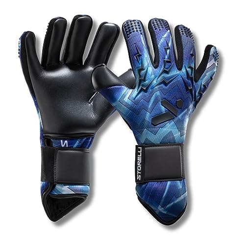 Storelli Lightning Goalkeeper Gloves, High-Impact Hand Protection with 5 Built-in Finger Spines, German New Basic Latex, Wrist Strap, Extended Cuff, Youth & Adults, Unisex, 1 Pair, Blue Storm, Size 8