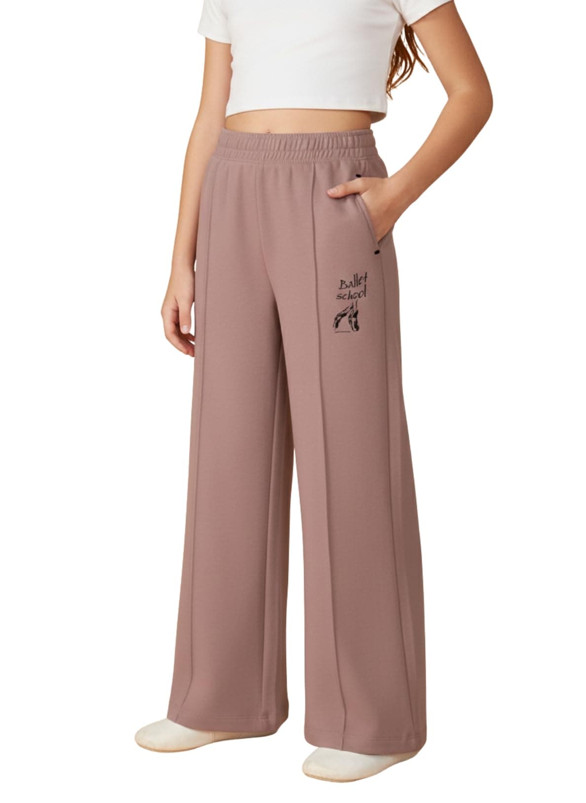 Alan Jones Clothing Solid Girls Wide Legs High Rise Trackpant (Pink_9-10 Years)