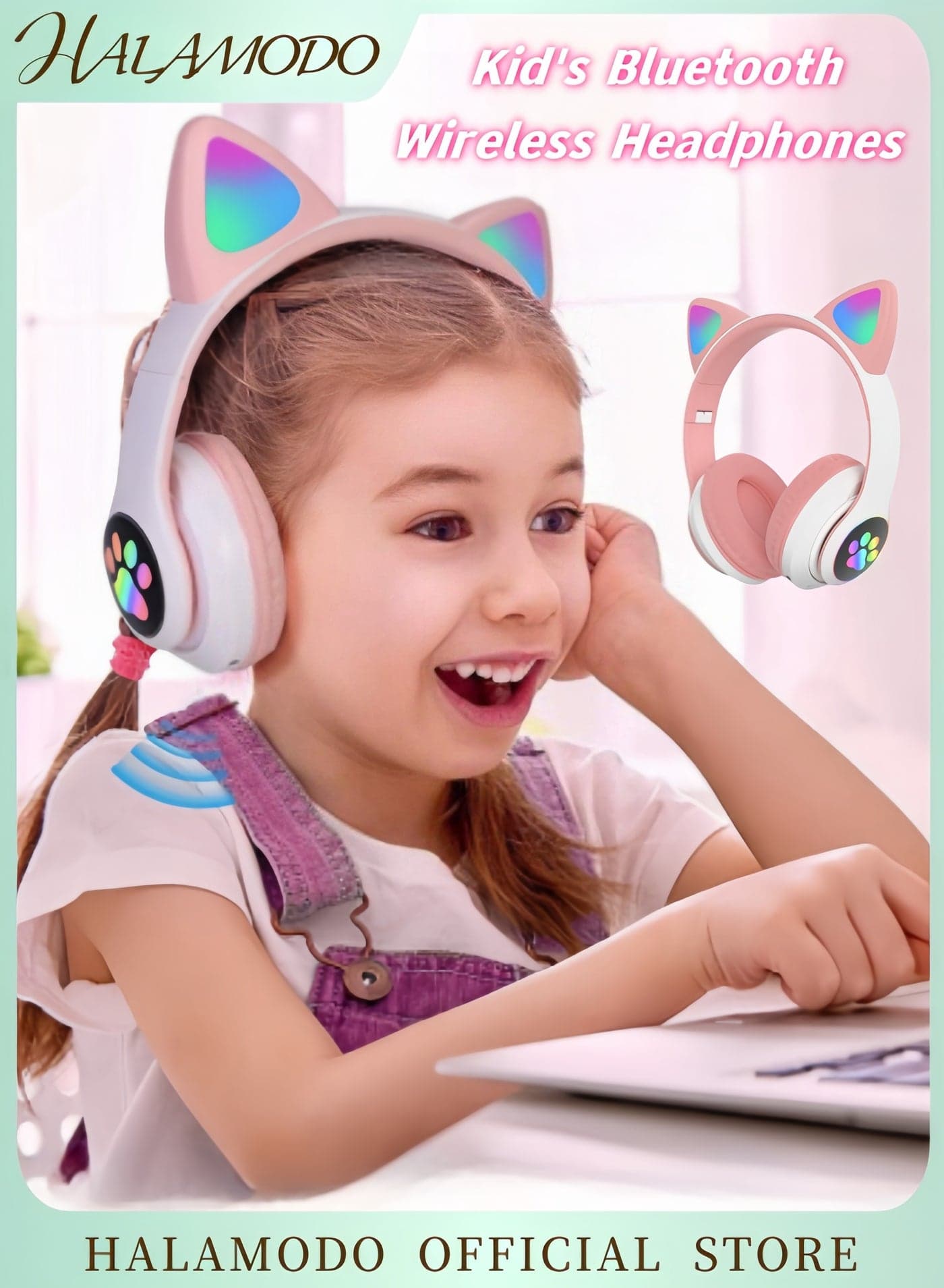 Kid's Bluetooth Wireless Headphones Cat Ear LED Light Up Bluetooth Foldable Headphones Adjust Headband Over-Ear Bluetooth Headphones with Microphone for Girls