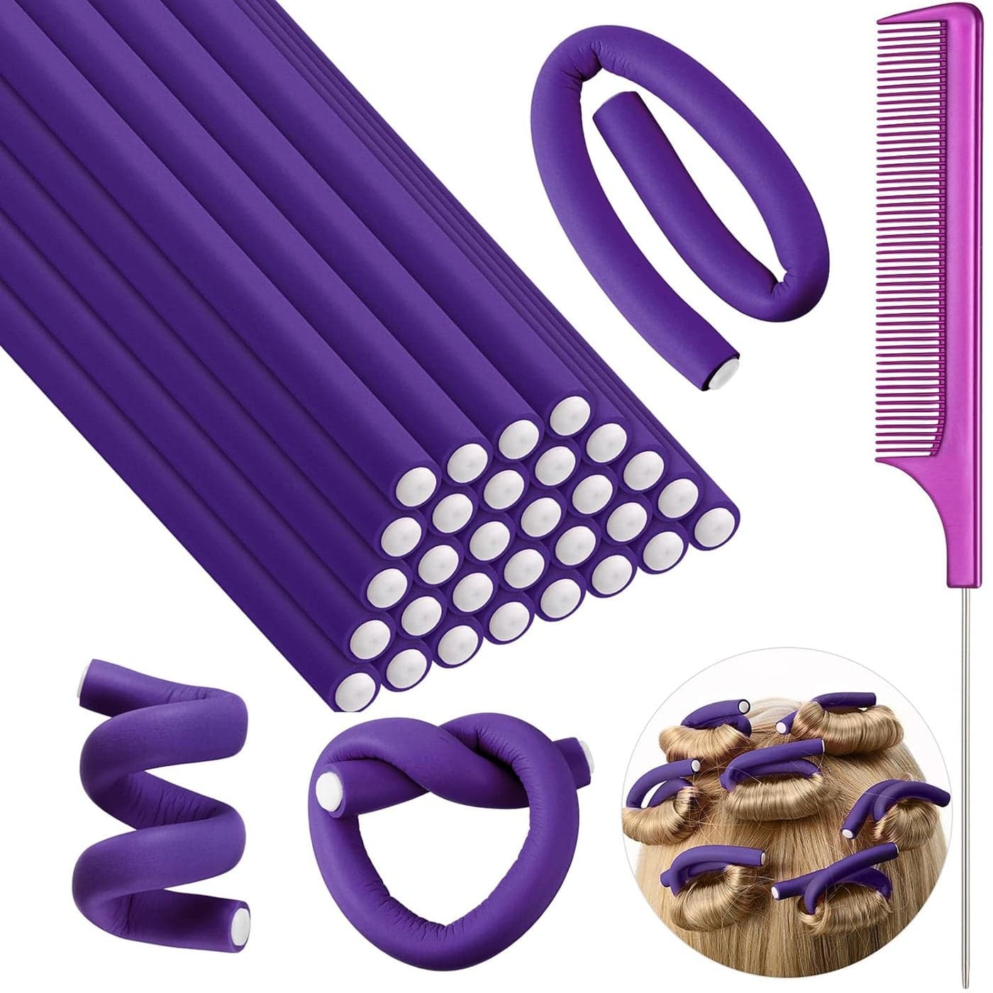Syhood 30 Pcs 7 Flexible Curling Rods Twist Foam Hair Rollers Soft Foam No Heat Hair Rods Rollers and 1 Steel Pintail Comb Rat Tail Comb for Women Long Short HairPurple7 x 03 Inch