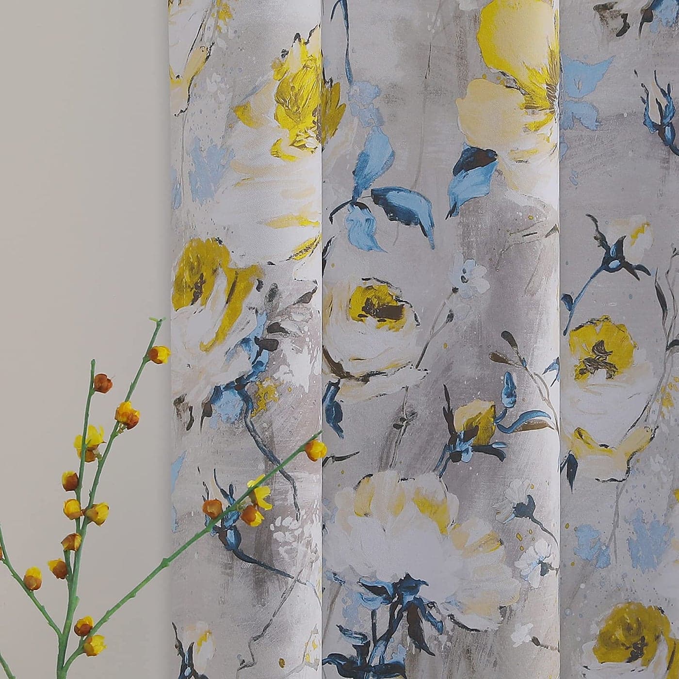 MYSKY HOME Floral Blackout Curtains for Living Room Darkening Thermal Insulated Curtain Vintage Floral Printed 2 Panels 52W x 95L Inch Grey Yellow