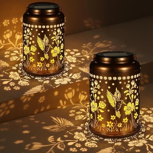 2 Pack Solar Lanterns Outdoor Waterproof, Hummingbird Garden Decor Gifts for Women Mom Grandma Hanging Solar Lights Metal Solar Decoration Outside for Yard, Patio, Lawn, Pathway