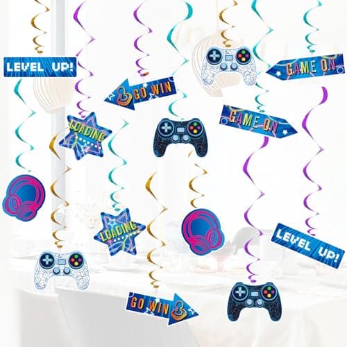 WERNNSAI Video Game Hanging Swirls 21 PCS Video Game Party Decorations for Kids Boys Gamer Birthday Party Ceiling Window Door Decors Hanging Whirls Streamers for Gaming Night Party Supplies