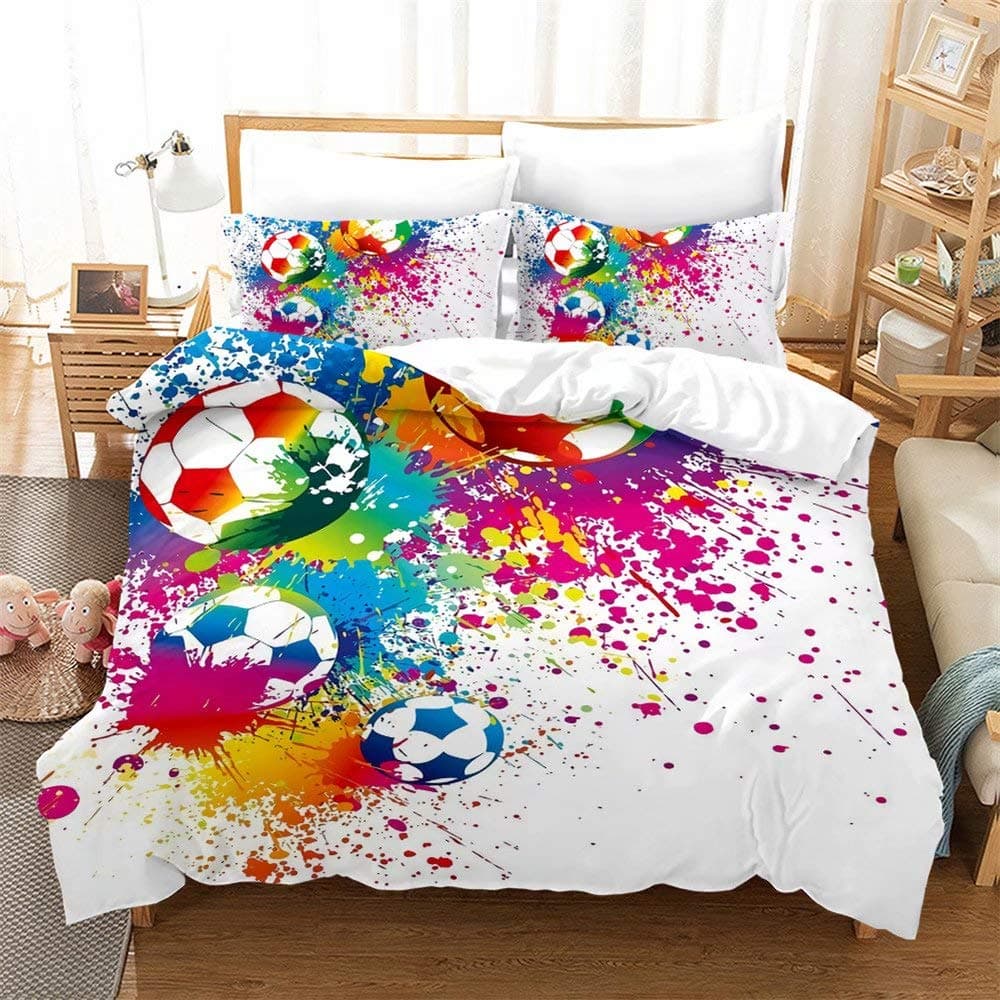 MUSOLEI Football Duvet Covers Set Boys Double Bedding Sets Sport for KidsChildrenGirls MultiColored Graffiti Quilt Cover Matching Quit Cover 200X200cm 2 Pillowcase 50X75cm Soft Microfiber