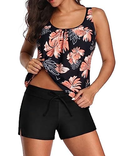Aqua Eve Two Piece Women's Tankini Swimsuits Blouson Swim Tank Top with Shorts Modest Bathing Suits Black Floral XXL