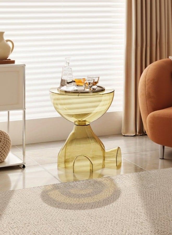 Round Side Table, Coffee Table with Hidden Storage Space, Transparent Storage Bedside Table Suitable for Bedroom, Living Room and Apartment,No Assembly Required,Clear Yellow