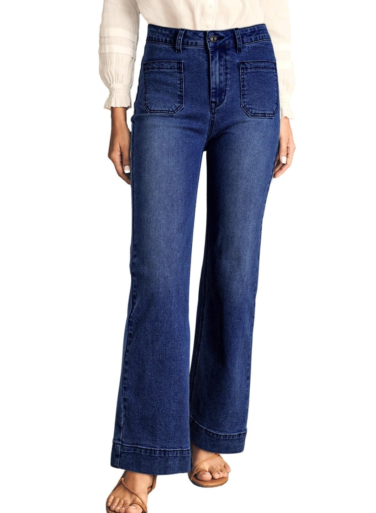 Astylish Womens Pull On Jeans High Waisted Wide Leg Baggy Jean for Women Stretch Denim Pants with Patch Pockets Size 8 Navy Blue