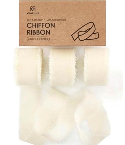 Vitalizart Ivory White Chiffon Silk Ribbon 1 x 21 Yd Fringe Fabric Package 3 Rolls 7 Yd for Wedding Invitations Bridal Bouquets Decorations Gifts Wrapping Bow Making Cream