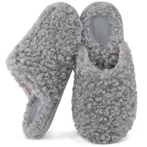 Snug Leaves Women's Scuff Slippers Furry Cute Curly Faux Wool Slip-on Indoor Memory Foam House Shoes Ash Gray, 7-8 US