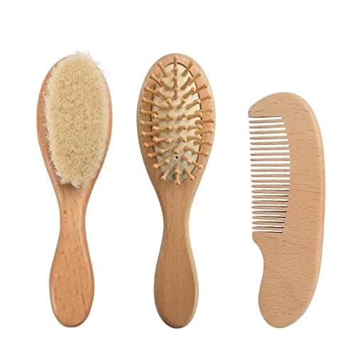 PandaEar Baby Hair Brush and Comb Set for Newborn Natural Wooden Hairbrush with Soft Goat Bristles Pear Wood Comb and Wooden Massage Brush for Infant Toddler Kids