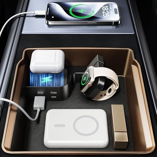 DICMKY Tesla USB Hub Charger & Center Console Organize for Model 3 Highland 2024-2025 & New Model Y Juniper, 4-Port Docking Station for Phone/Headphones/Watch/Tablet Charging Storage Accessories