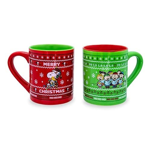 Peanuts Charlie Brown and Snoopy Christmas Sweaters Ceramic Mugs, Set of 2 | 14-Ounce Coffee Cups