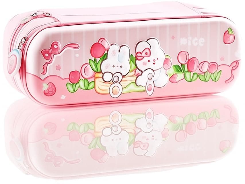 Umadiya® Premium 3D Double Layer Pencil Case Eva Large Capacity Zipper Pouch Bag Compass School Organizer Students Kids Stylish Pen Holder Stationery Box (Rabbit/Yummy) (Pink)