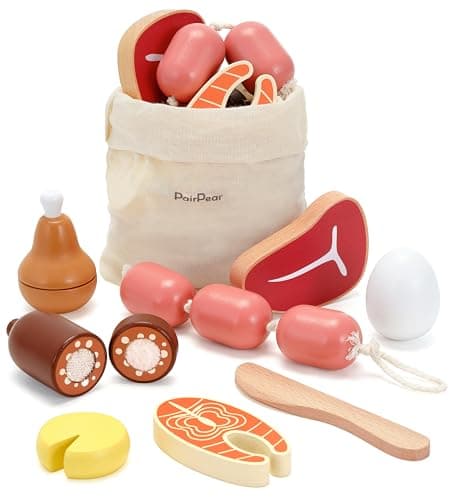 PairPear Wooden Toys Play Food Sets for Kids Kitchen Kids Toy Food Cutting Meat Set for Toddlers 3 Years Old Pretend Food Play Kitchen Accessories for Girls and Boys