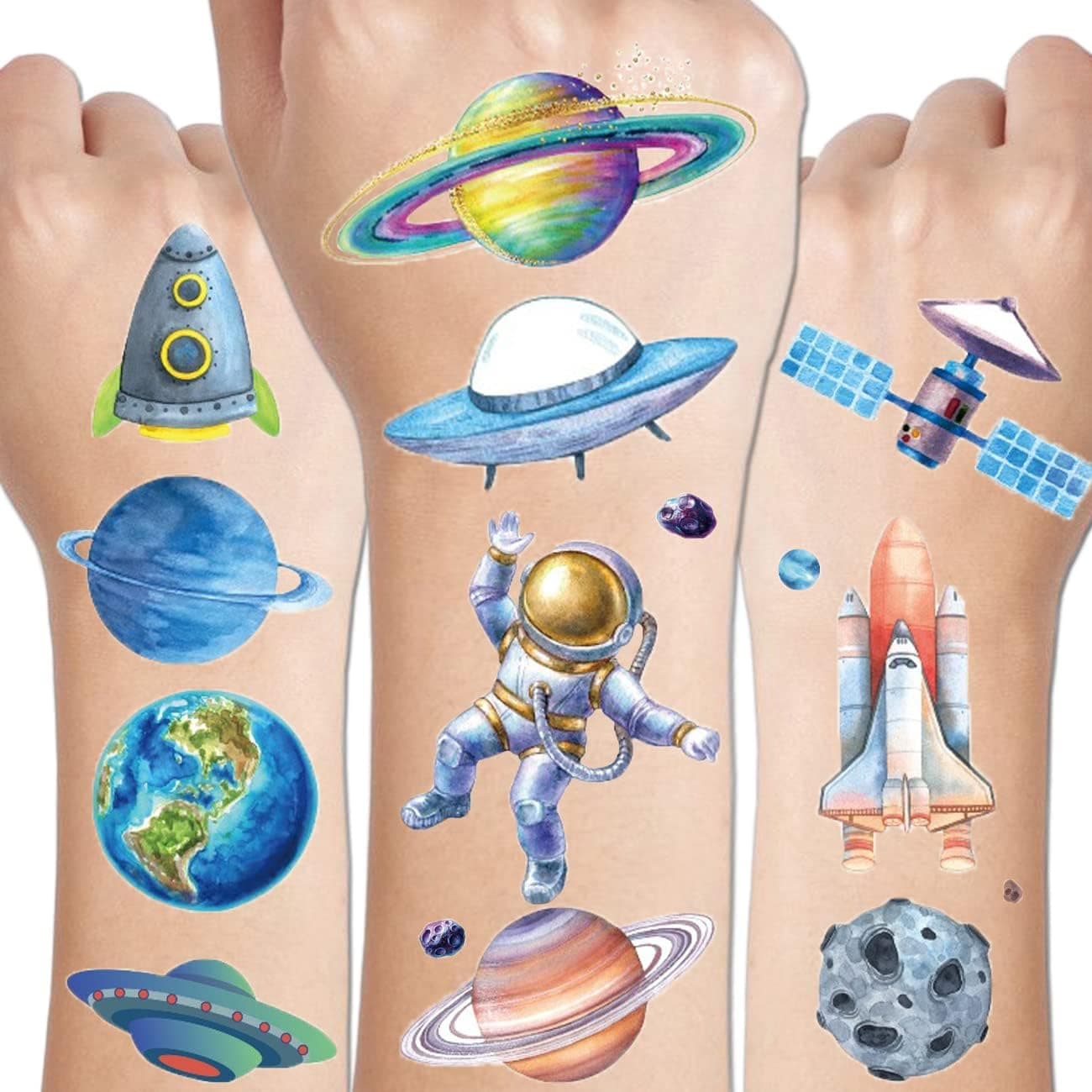 Glitter Galaxy Temporary Tattoos for Kids 12 Sheets Glitter Outer Space Tattoos for Boys Girls Birthday Party Favors Goodie Bag Fillers