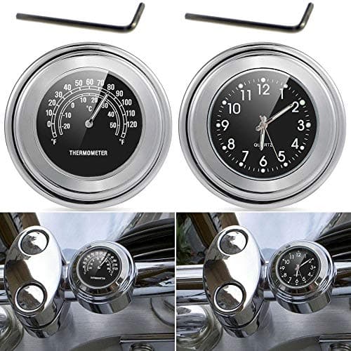 TESWNE7/8 1" Motorcycle Handlebar Chrome White Dial Clock and Thermometer for Yamaha for Kawasaki for Honda for Suzuki (Black)