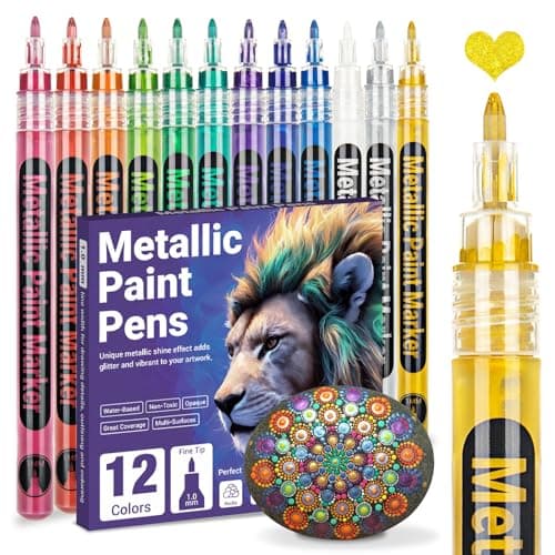 SAKEYR Metallic Acrylic Paint Markers 10mm Fine Tip Glitter Paint Pens for Rock Painting Stone Glass Ceramic Wood Fabric Black Paper Scrapbook Journals Photo Albums DIY Crafts 12 Colors
