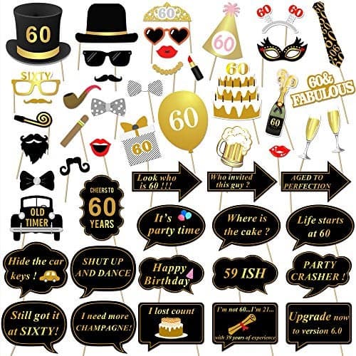 60th Birthday Party Photo Booth Props (51Count) for Her Him 60th Birthday Gold and Black Decorations, Konsait Big 60 Birthday Party Supplies for Men and Women