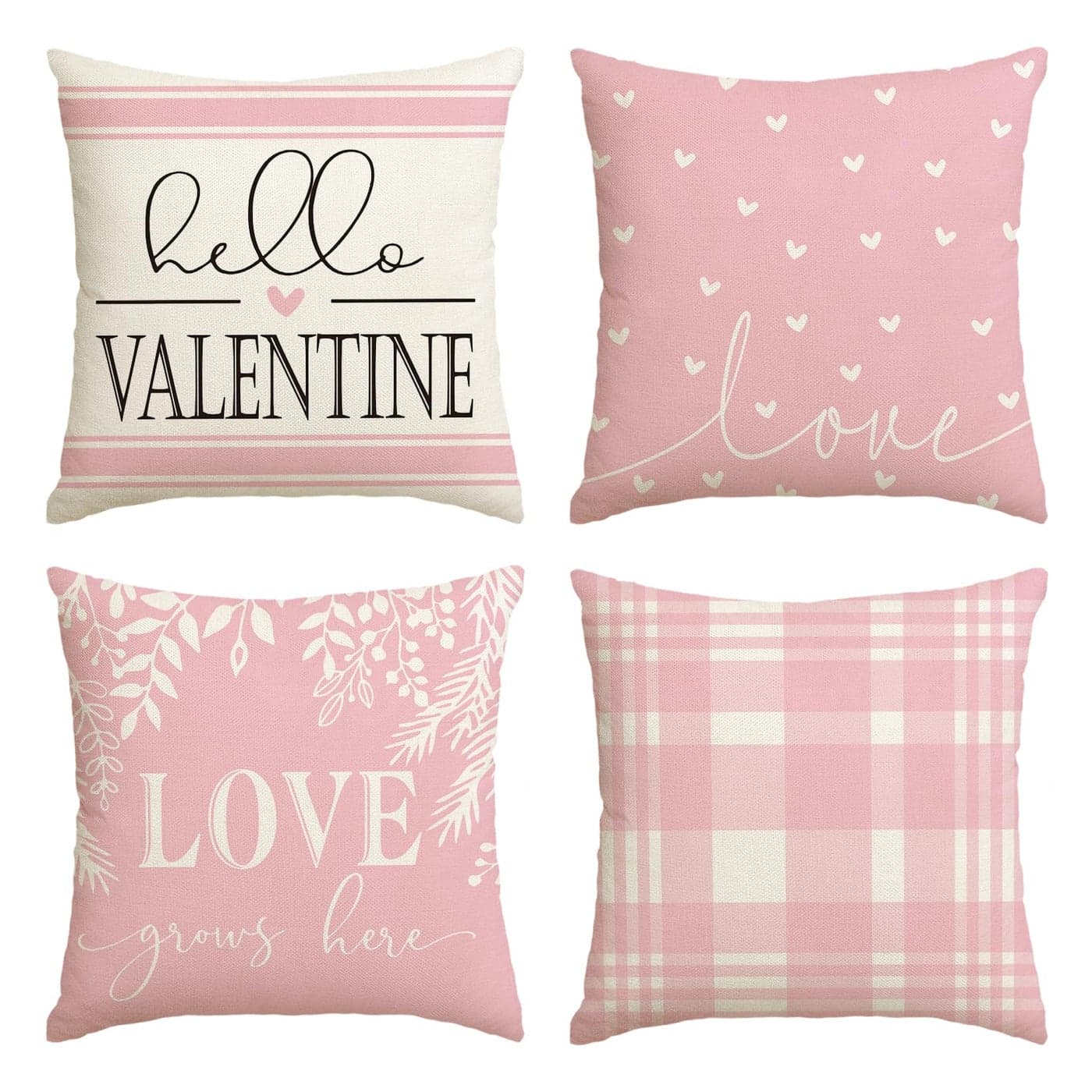 AVOIN colorlife Valentines Day Pink and White Love Throw Pillow Covers 18 x 18 Inch Hello Valentine Plaid Wedding Cushion Case Decoration for Sofa Couch Set of 4