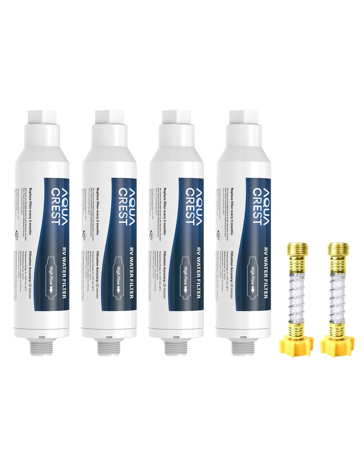 AQUA CREST RV Water Filter RV Inline Hose Water Filter Garden and Camper Water Filter NSF Certified Greatly Reduces Chlorine Bad Taste Odor 4 Pack with 2 Hose Protector