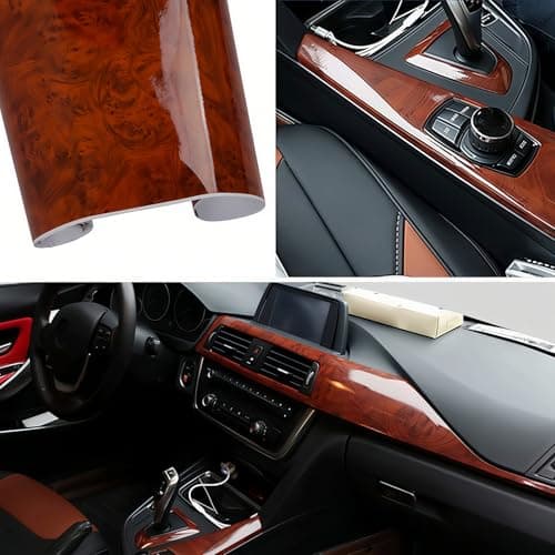 GreceYou High Glossy Wood Grain Vinyl Wrap Sticker Decal Car Internal Wraps Self Adhesive DIY Film, Waterproof Wrap Roll Without Bubble, 100x 40cm/39.4x15.7in (Yellowish-Brown)