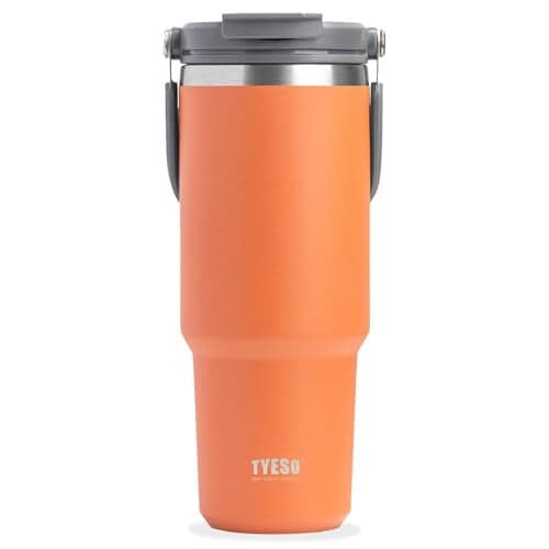 TYESO 30oz Tumbler with Handle and Straw Lid, Insulated Stainless Steel Double Walled Vacuum Water Bottle for Office, Home, Sport or Car, Travel Mug for Hot and Cold | Adventure Collection (Orange)