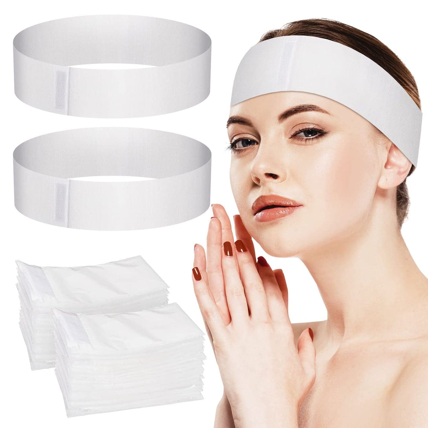 Noverlife 100PCS Disposable Spa Facial Headbands Elastic Headband Wrap with Adjustable Magic Tape Stretch NonWoven Facial Bandeau Soft Skin Care Essential Headband with Convenient Closure