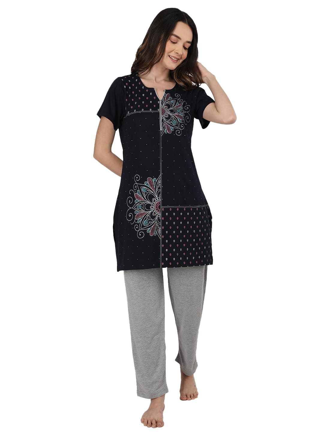 Duchess Women's Cotton Embroided Long Length Night Suit Set, Black