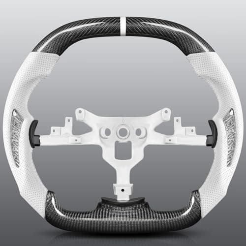 TESFEEL Real Carbon Fiber Steering Wheel for Chevy Corvette C6 2006-2011, Double D-Shape Flat Top & Bottom, White Nappa Leather with Silver Carbon Inlays, Fits for Base/Z06/ZR1/Grand Sport