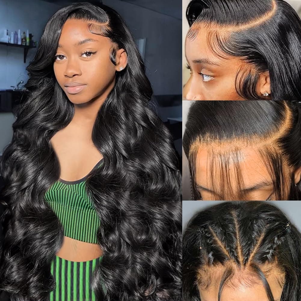 Wingirl 13x6 Body Wave Lace Front Wigs Human Hair Pre Plucked 180 Density HD Transparent Full Lace Frontal Wigs Human Hair for Women with Baby Hair Natural Black Color 26Inch
