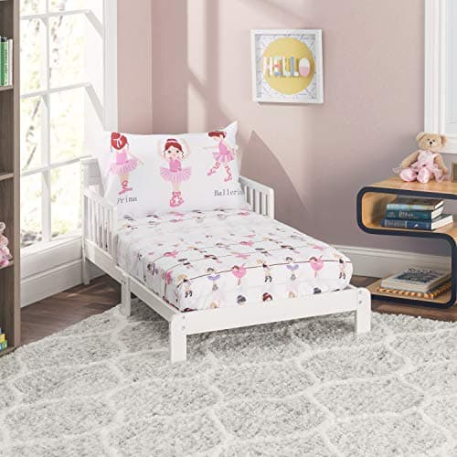 Everyday Kids 3-Piece Toddler Fitted Sheet, Flat Sheet and Pillowcase Set - Born to Dance Ballerina - Soft Breathable Microfiber Girls Toddler Sheets Set - Toddler Bed Sheets