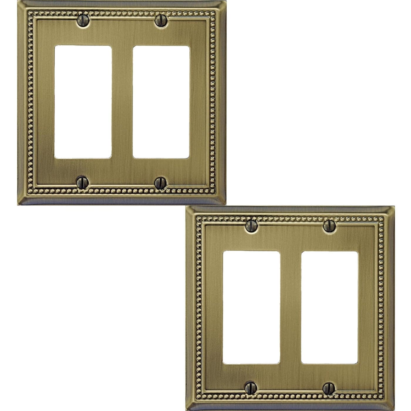 OKAWYC Double Decorator Light Switch Cover Belaire Beaded Metal Wall Plate 2Pack Antique Brass 2 Gang Double Rocker for Receptacle Dimmer Switch GFCI Outlet Decorative Wallplate Durable