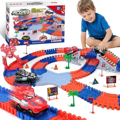Aooess Toys for 38 Year Old Boys 212 PCS Spider Construction Race Tracks for Kids Gifts for 3 4 5 6 7 8 Year Old Boys Girls Toy Presents Flexible Race Tracks Cars Gift Set with 2 Electric Cars