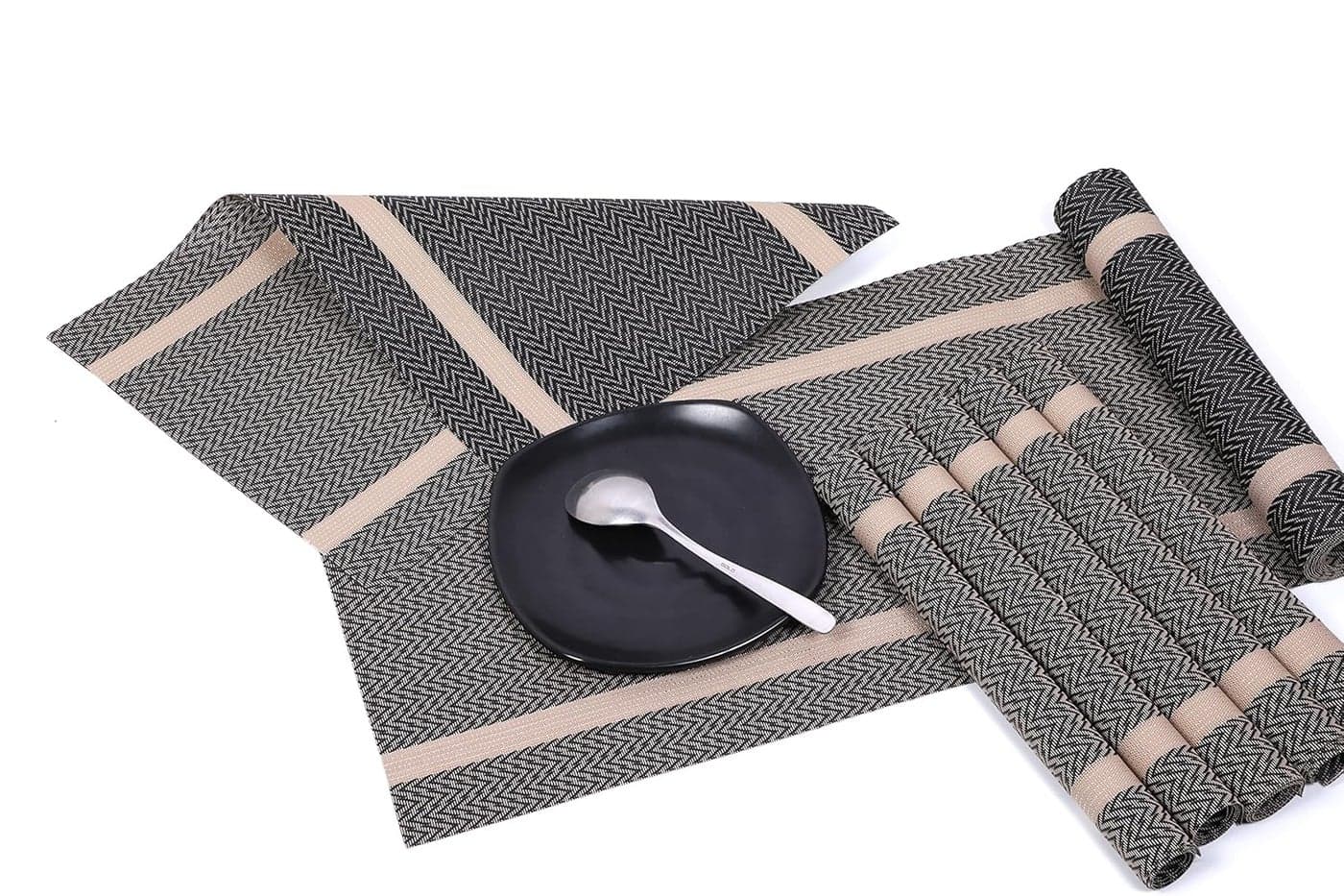 Tabletext Placemats and Table Runner Sets PVC Non Slip Heat Resistant Washable for Dining Table Brown 6 Placemat 45x30cm 1 Runner 30x180cm