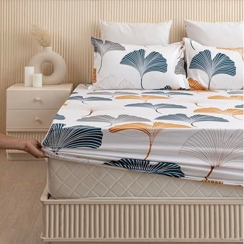 HOMEMONDE 100% Cotton Fitted Bed Sheet for Single Bed, Ginkgo Leaf Printed All Around Elastic Bedsheets 72 x 36 Inch with 1 Pillow Cover | Perfect for Home Decor & Gifting