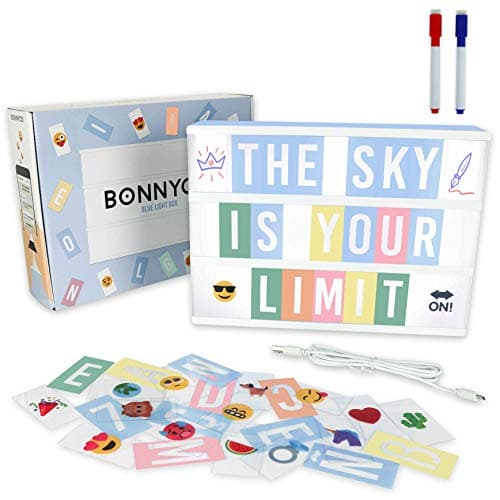 Blue Cinema Light Box with 400 Letters Emojis and 2 Markers BONNYCO Led Light Box Boy Bedroom Decor Baby Shower Cinema Led Sign Letters Board Gifts for Boys Children for Birthdays Christmas