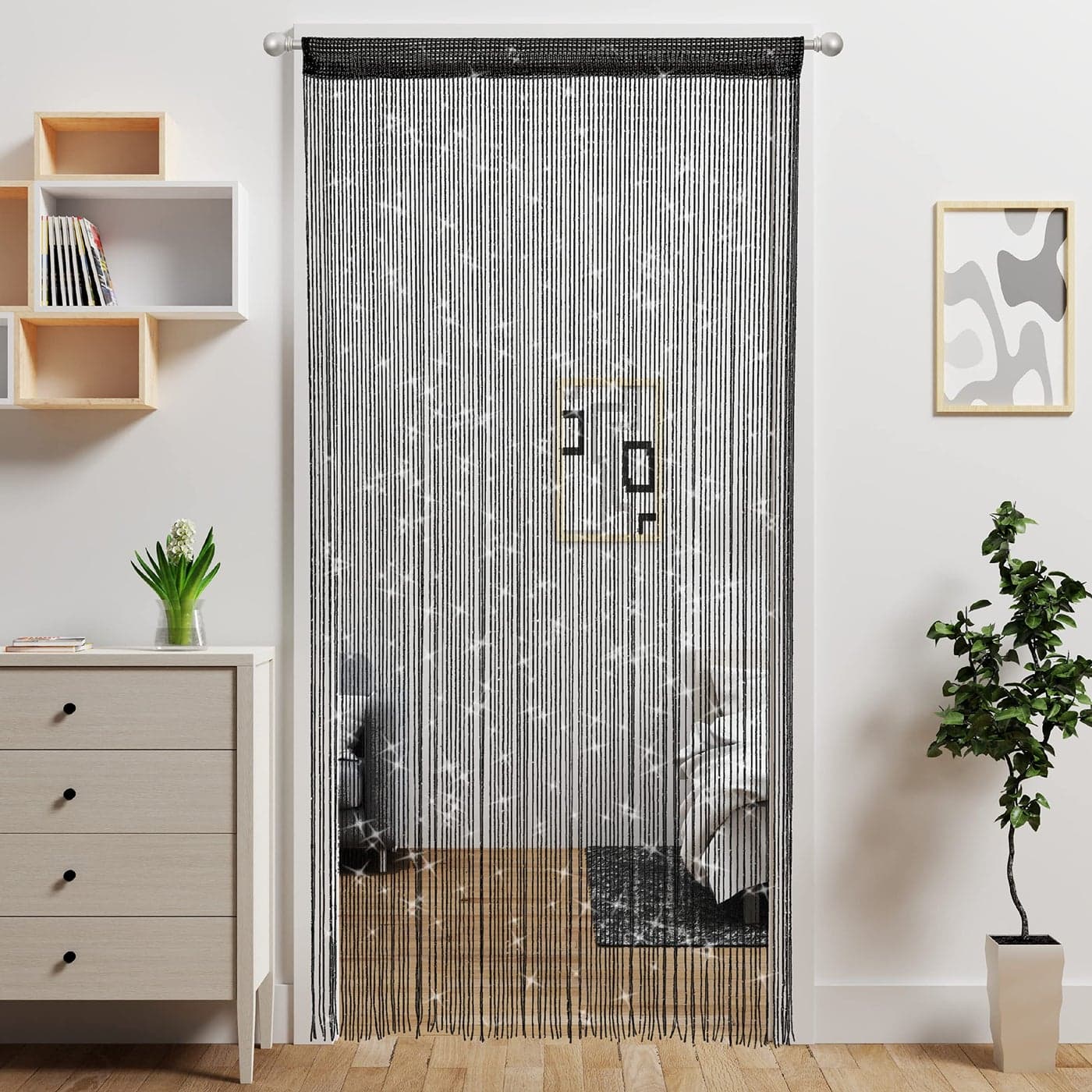 Atsweetlife 2 Pieces Door String Curtain Doorway Beads CurtainsHanging Room Divider Beaded Decor Hippie Glitter Fringe Panel Closet Window Doors Sequin Sheer Boho Doors Tassel Black
