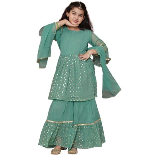 AJ DEZINES Kids Ethnic Wear Georgette Motif Printed Green Kurta Sharara Set for Girls (G-1157-GREEN-34)