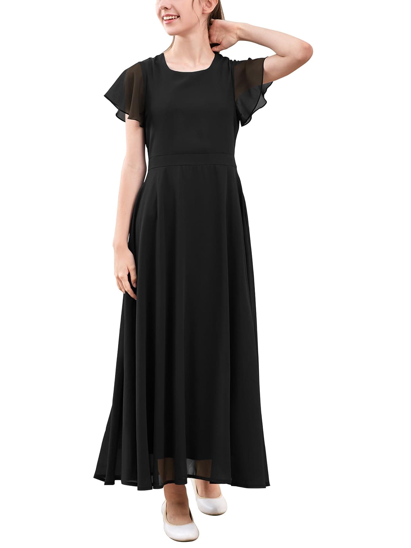 GORLYA Girls Scoop Neck Ruffle Sleeve Vintage Elegant Flowy Wedding Party Long Maxi Chiffon Dress 10-16Y(GOR1184,12Y,Black)