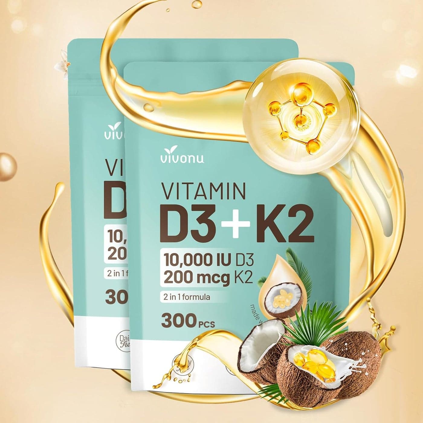 Vitamin D3 10000 iu Plus K2 MK7 200 mcg 300 Coconut Oil Softgels 2 in 1 VIT D K Complex Supports Calcium Absorption Bone Immune Heart Health Easy to Swallow 600 Softgels 2 Bag